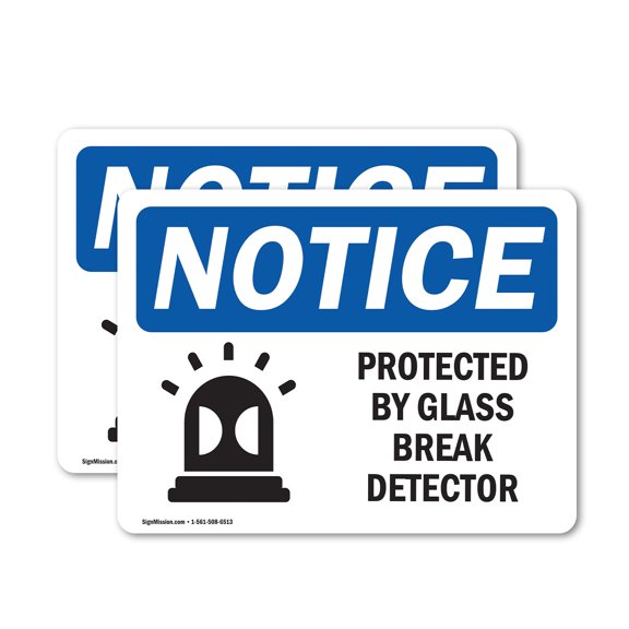 (2 Pack) Protected By Glass Break Detector Sign