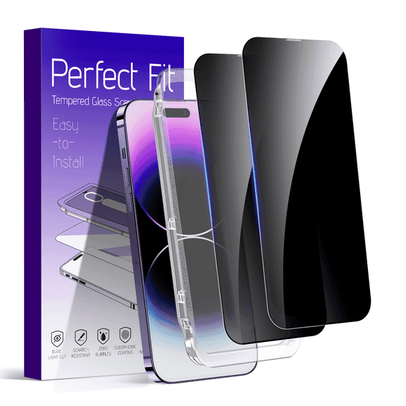 Protescreen 2 Pack Privacy Screen Protector for iPhone 15 ProMax 6.7", True 28° Anti-Spy, 9H Hardness Shatterproof Tempered Glass, Easy to Install, Bubble-Free