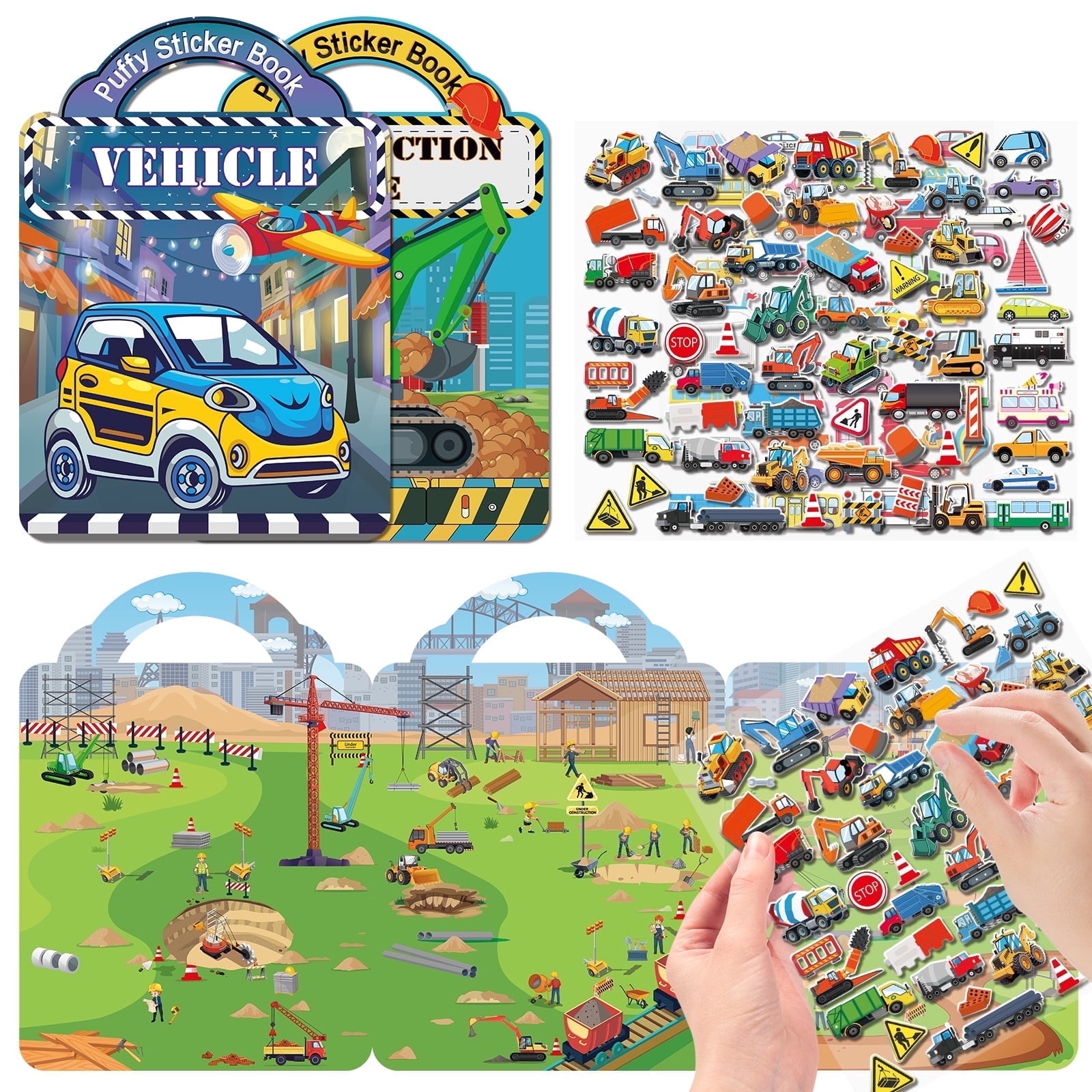 Elfew Puffy Sticker Books for Kids, 3D Reusable and Construction Vehicle Stickers