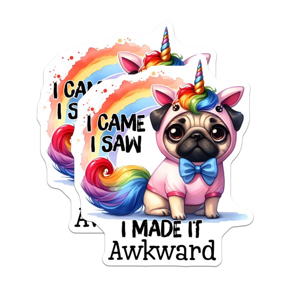 (2 Pack) Pug Unicorn Stickers - Funny Dog Stickers - Awkward Meme Decals- 5" On Longest Side - Sticks to Smooth Flat Surfaces - Made in USA - BMCS16641