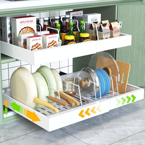 2 Pack Pull Out Cabinet Organizer,21" Deep,Expandable Compatible Framed Cabinet Slide Out Organizers,With Adhesive Nano Film And 6pcs Divider Racks Pull Out Drawers For Kitchen Cabinets