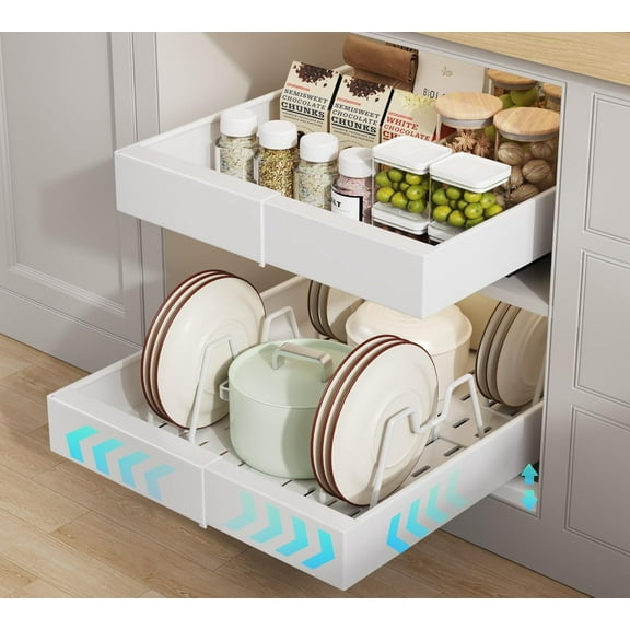 2 Pack Pull out Cabinet Organizer 21" Deep With Raising Pad for Framed Cabinets, Expandable Slide out Drawers for Kitchen Cabinets with 4pcs Divider Racks, Roll out Shelves 9"-14" W White