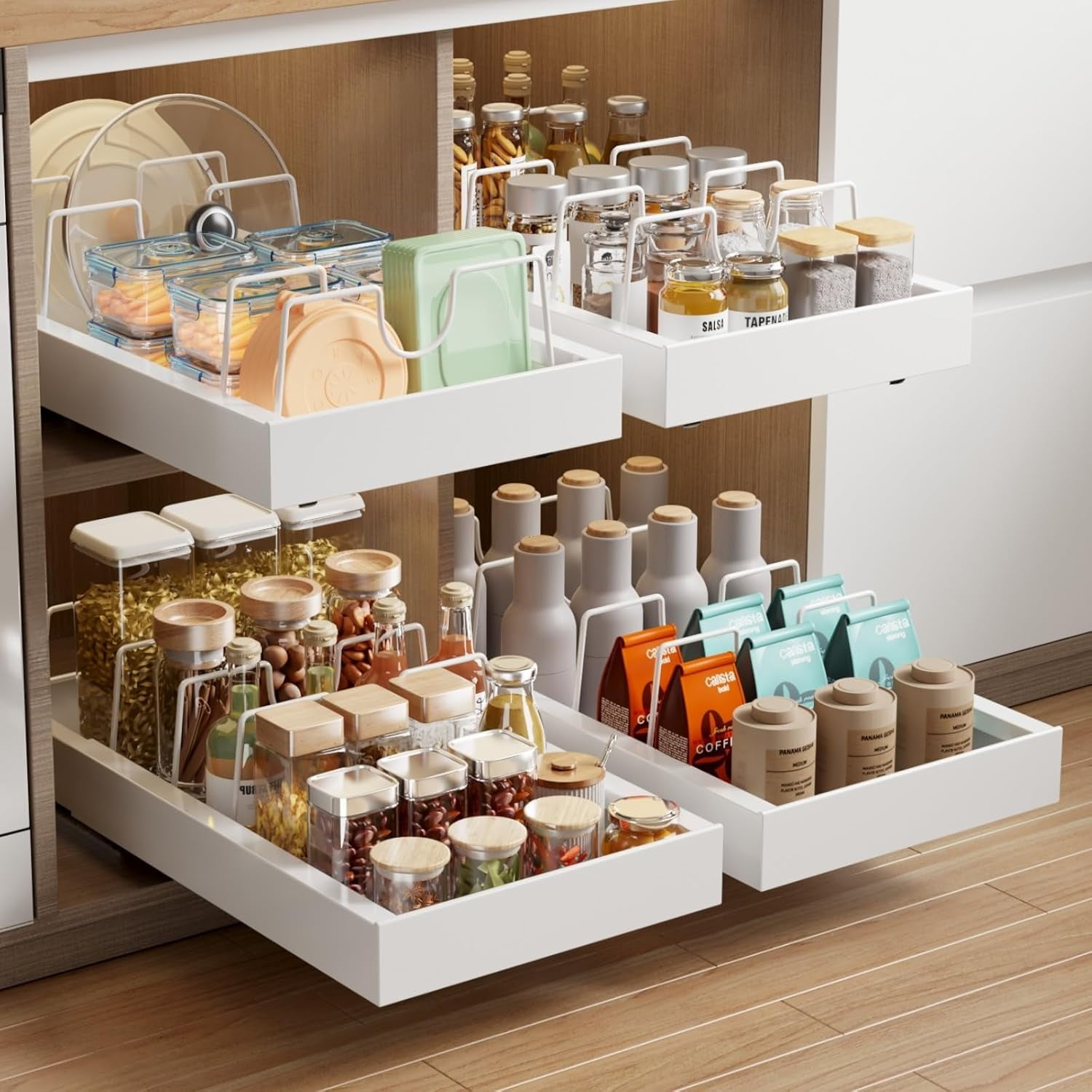 2 Pack Pull Out Cabinet Organizer with 4 Dividers, 21.8