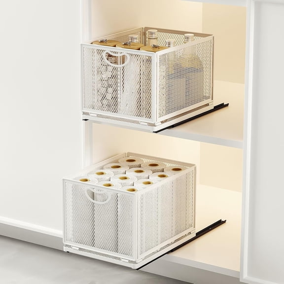 2 Pack Pull Out Cabinet Organizer, No Drill Adhesive Sliding Drawers for Kitchen, Metal Mesh Wire Storage Shelf for Pantry & Under Sink, White (9.6" W x 11.8" D x 8.4" H)