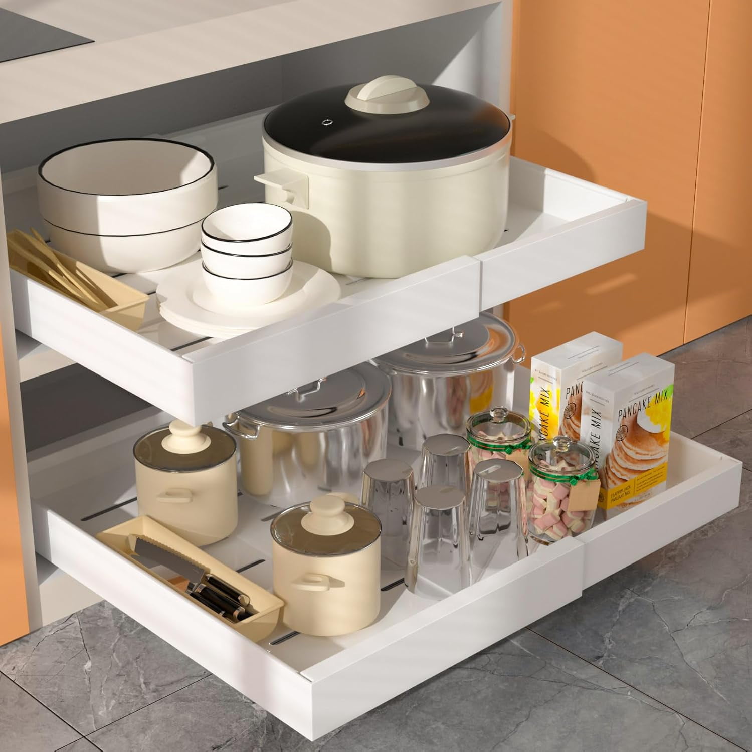 NETEL Pull Out Cabinet Organiser,Slide Out Drawers For Kitchen Cabinets,32cm-52cm Extendable Slide Out Drawer 3 Rails,No Drill Adjustable Drawers,Pull Out Kitchen Storage