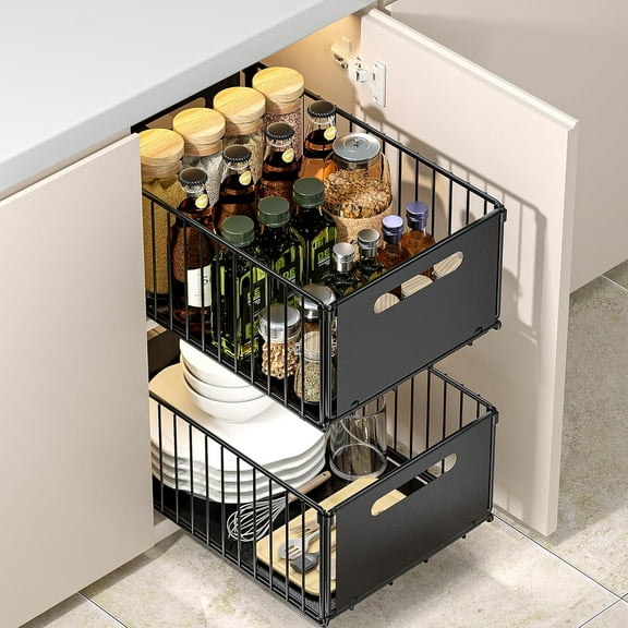 2 Pack Pull Out Cabinet Organizer, Heavy Duty Slide Out Drawers for Kitchen Cabinets, Adhesive Pull Out Drawers, Closet Organizers and Storage for Kitchen, Bathroom, Home(7"×2)