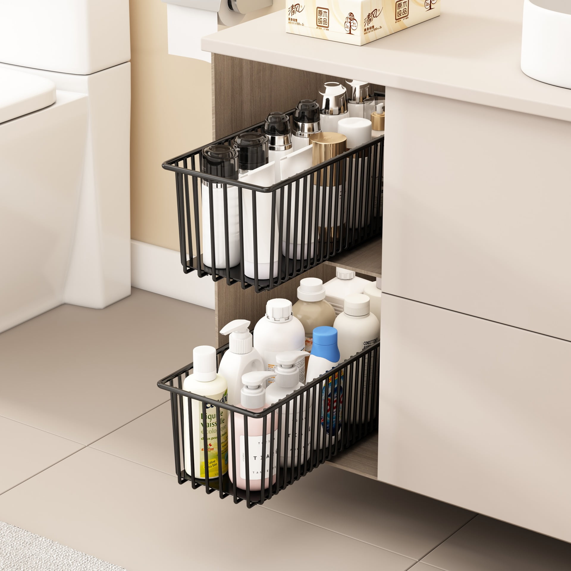 2 Pack Pull Out Cabinet Organizer, Multifunctional Sliding Shelves, Sturdy Carbon Steel Roll-Out Drawers For Kitchen Cabinet Pantry Bathroom Under Sink