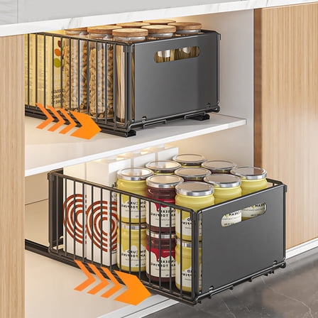 2 Pack Pull Out Cabinet Organizer,Under Sink Organizer,Slide Out Drawers for Cabinets, Peel and Stick, Heavy Duty Shelves for Kitchen, Cupboard, Pantry, Bathroom (14.76" D*9.65" W*7.48" H-Black)