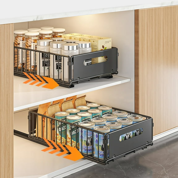 2 Pack Pull Out Cabinet Organizer,Under Sink Organizer,Slide Out Drawers for Cabinets, Peel and Stick, Heavy Duty Shelves for Kitchen, Cupboard, Pantry, Bathroom (14.76" D*9.65" W*3.94" H-Black)