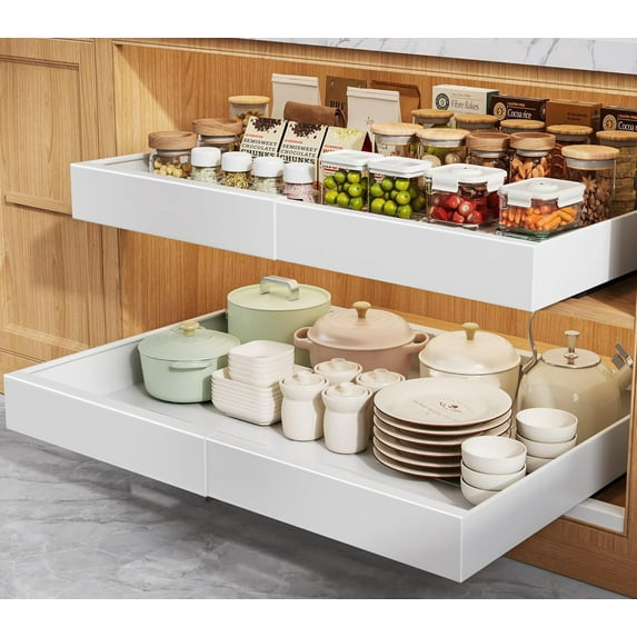 2 Pack Pull Out Cabinet Organizers 21"Deep With Raising Pad for Framed Cabinets,Expandable Slide Out Drawers Upgrade 3 Slide Rails,Roll Out Shelves Adhesive,Adjustable Width 15.2"-26.3" White