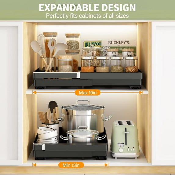 2 Pack Pull Out Cabinet Organizers Expandable (13''-19''), Slide Out Drawers for Kitchen, Bathroom, Pantry, Under Sink Storage, Pull Out Drawers Fixed with Adhesive Nano Film (Black)