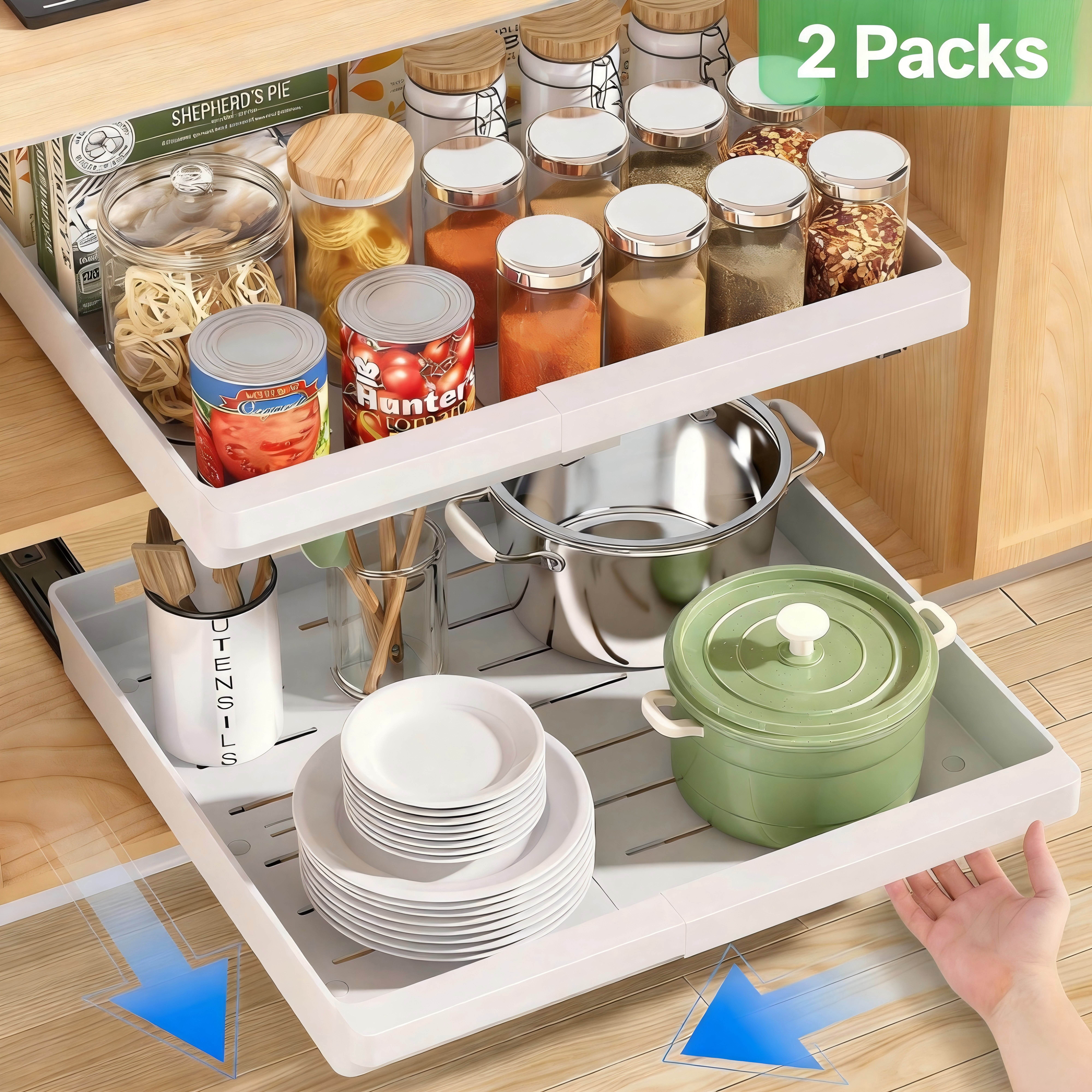 2 Pack Expandable Pull Out Cabinet Organizer, AOKIWO Slide Out Drawers Storage with Adhesive Nano Film for Kitchen Pantry Under Sink (White, 13''-19'')