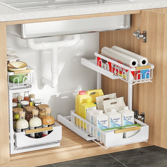 2 Pack Carbon Steel Under Cabinet Shelf Organizers - Under Sink Organizer and Storage for Bathroom and Kitchen - 2 Tier Sliding Out Drawer Organization for Home Cabinets Shelves and Drawers, White