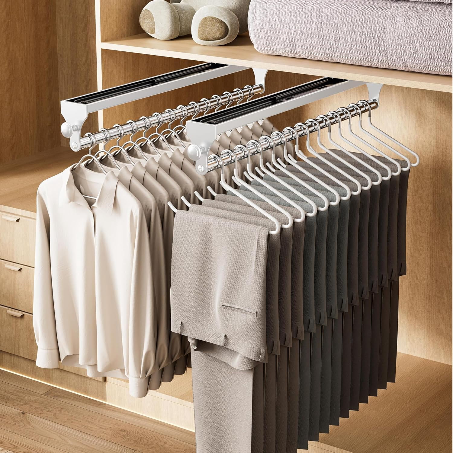 Clothes Rack Storage 2 Pack Pull Out Closet Rod, 15.7inch Heavy Duty Pants Rack, Adjustable ...