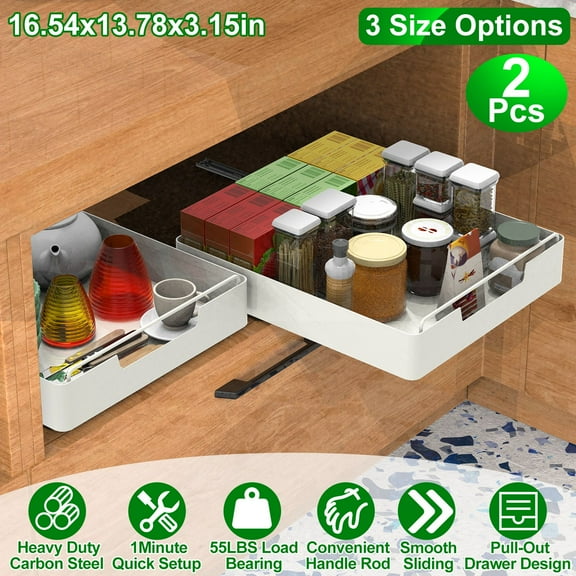 2 Pack Pull Out Cabinet Organizer, 2 Slide Rails Slide Out Drawer for Kitchen Cabinets, No Drill Multifunctional Shelf Adhesive, L-13.7"x16.5" White