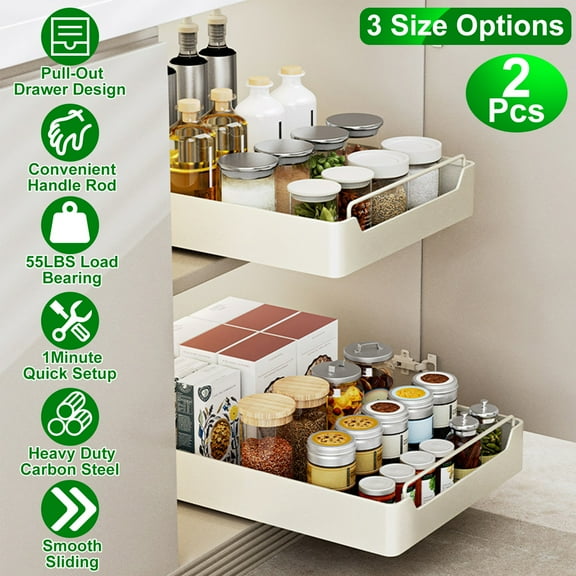 2 Pack Pull Out Cabinet Organizer, 2 Slide Rails Slide Out Drawer for Kitchen Cabinets, No Drill Multifunctional Shelf Adhesive, M-11.8"x16.5" White