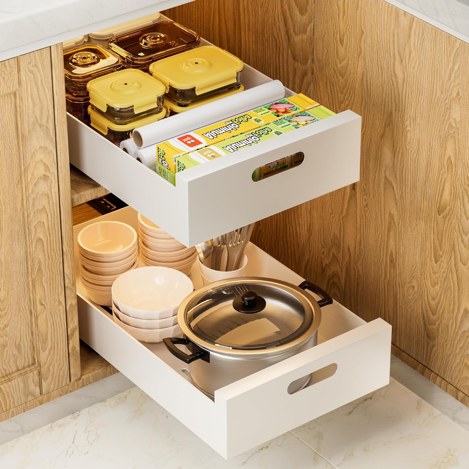 White Carbon Steel Pull Out Cabinet Organizer Drawers, 2 Pack