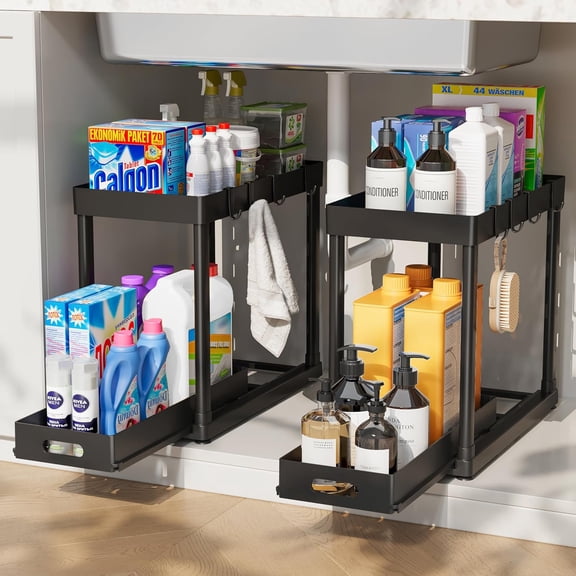 2 Pack Pull-Out Storage Organizers, Under Sink Organizer and Storage for Bathroom & Kitchen,Multi-Purpose Under Cabinet Organizers and storage Black White PRO,14.8IN