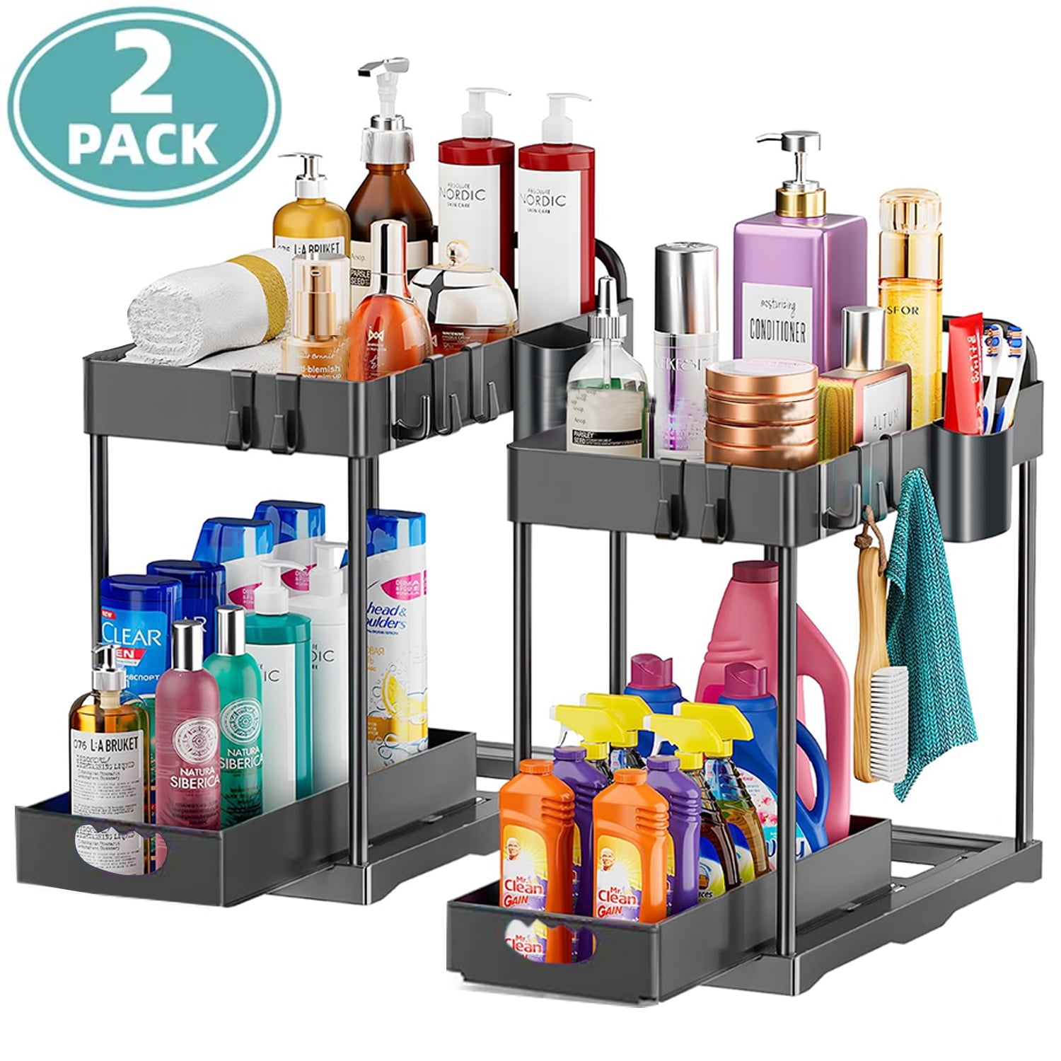 artzon 2 Pack Under Sink Organizers and Storage, 2-Tier Sliding Cabinet  Basket Organizer with Hooks, Multi-Purpose Under Sink Organizers and  Storage