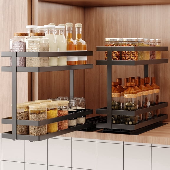 Sofinny 2 Pack Pull Out Spice Rack Organizer for Cabinet, 2 Tier Metal Sliding Seasoning Organizer and Storage Heavy Duty, No Assembly Required-Black