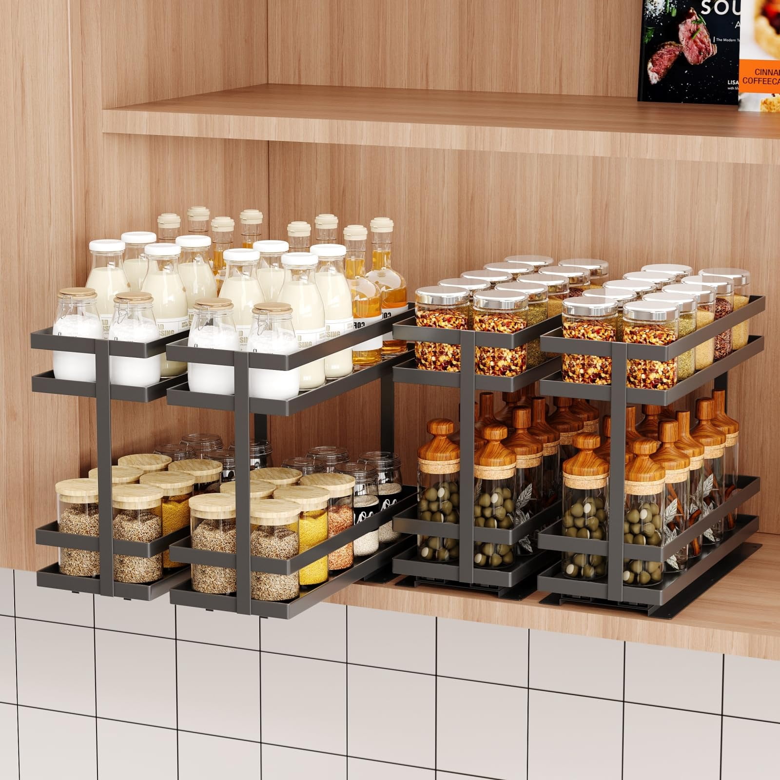 2 Pack Pull Out Spice Rack Organizer for Cabinet, 2 Tier Metal Slide ...