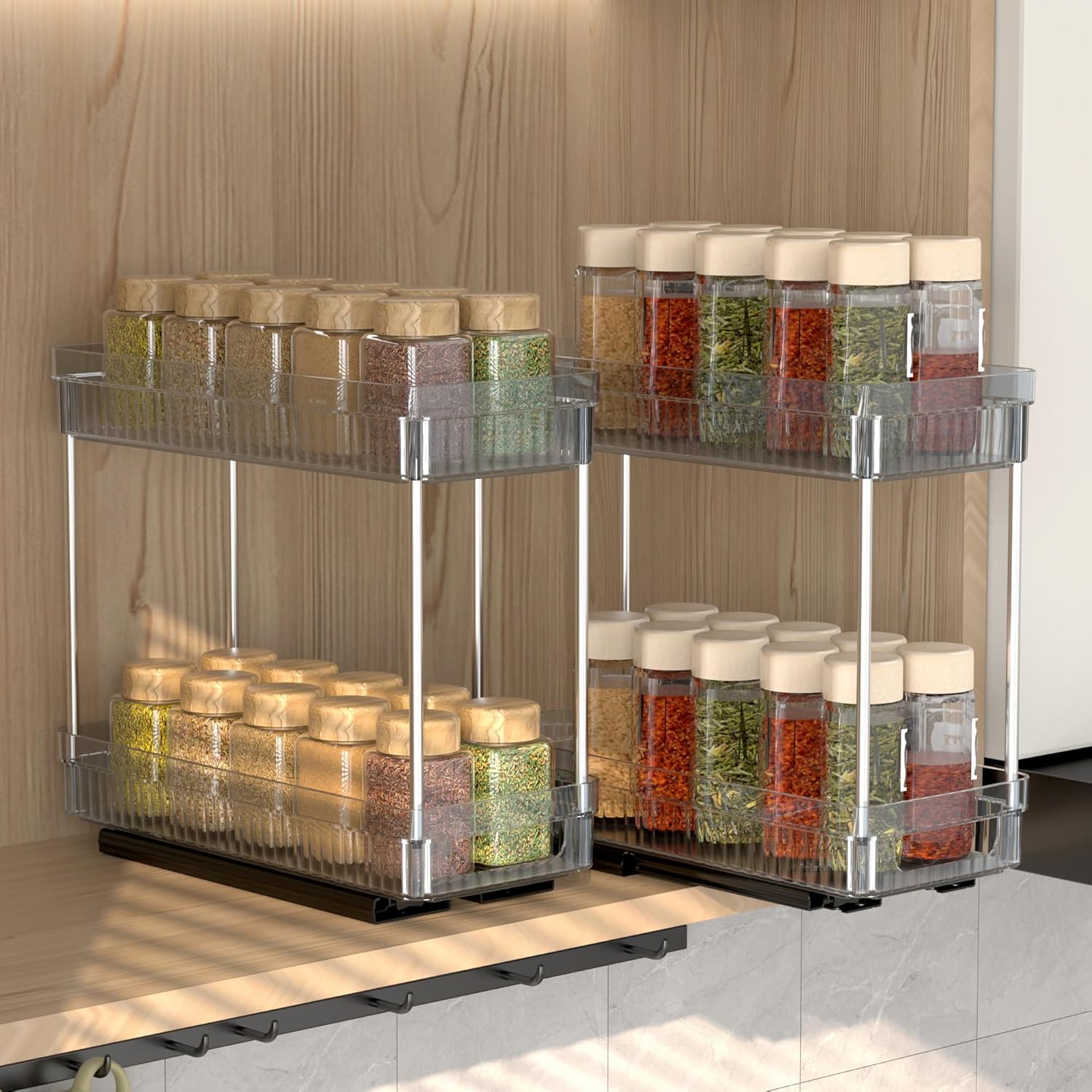 2 Pack Pull Out Spice Rack Organizer for Cabinet, 2 Tier Slide Out ...