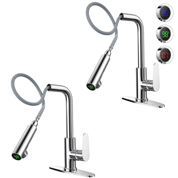 2-Pack Pull Down Sprayer Kitchen Faucet with Temperature Digital Display, Single Handle High Arc Pull Out Water Tap for Kitchen Sink, Chrome Finish with Deck Plate