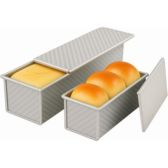 2-Pack Pullman Loaf Pan with Lid Includes Two Size 13.6*5.3" & 8.4*4.8" Loaf Pan, Silver Textured Finish, Vented Bottom, Nonstick Bread Pan Set, Ideal for Sandwich Bread, Toast, Sourdough