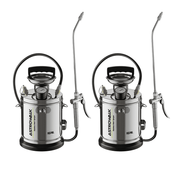 2 Pack Pump Sprayer 1 Gallon, Stainless Steel Chemical Sprayer with 20" Wand & 4FT Reinforced Hose for Weed Killer, Lawn, Disinfection & Concrete, Includes Viton Seals and Gloves