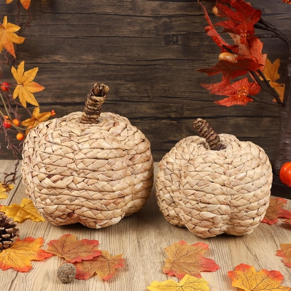 2 Pack Pumpkin Fall Decor, Woven Wicker Pumpkins for Home, Beige | Cattail Material, Farmhouse Style, Autumn Thanksgiving Decorations, Fall Centerpieces for Table Porch Mantel Indoor