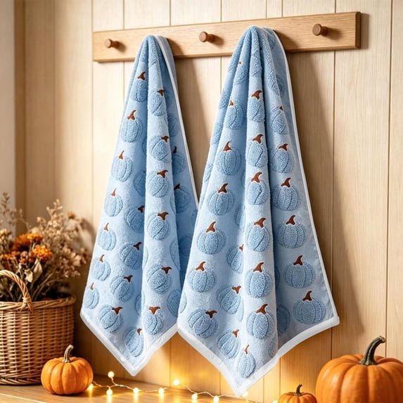 2 Pack Pumpkin Fall Kitchen Towels Dish Towels, 24x16In Absorbent Autumn Patterns Hand Dishes Towel for Farmhouse Kitchen Counter Home Decor Light Blue