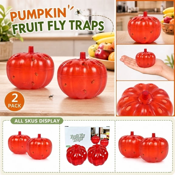 2 Pack Pumpkin Shaped Fly Trap, Plastic Sticky Flying Insect Catcher, Reusable Fruit Fly Trap for Indoor Kitchen Home Pest Control