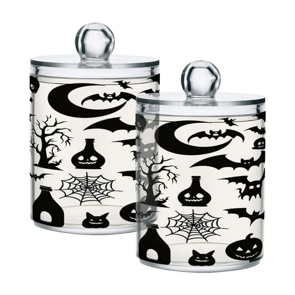 2 Pack Pumpkins Bats Spiderweb Churches Qtip Holder Dispenser Clear Plastic Storage Apothecary Jars for Cotton Swabs Balls Pads Floss