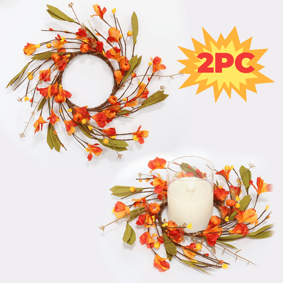 2 Pack Pumpkins Maple Leaves Candle Rings Wreaths with Pip Berry Fall Candle Rings Thanksgiving Day Ring Holder Mini Autumn Artificial for Wedding,Door Tabletop Decoration (Orange), Ccwuwei