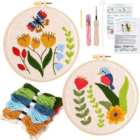 Butterfly Flowers Bird Pattern Punch Needle Embroidery Kits with 2 Embroidery Hoops and 2 Pre-printed Embroidery Fabric, 2 Pieces