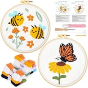 2 Pack Punch Needle Embroidery Starter Kit for Beginners, Easy Punch Needle Kit with Butterfly Bee Pattern for Adult Kids, Handmade Punch Needle Starter Kit DIY Craft Embroidery for Home Decor