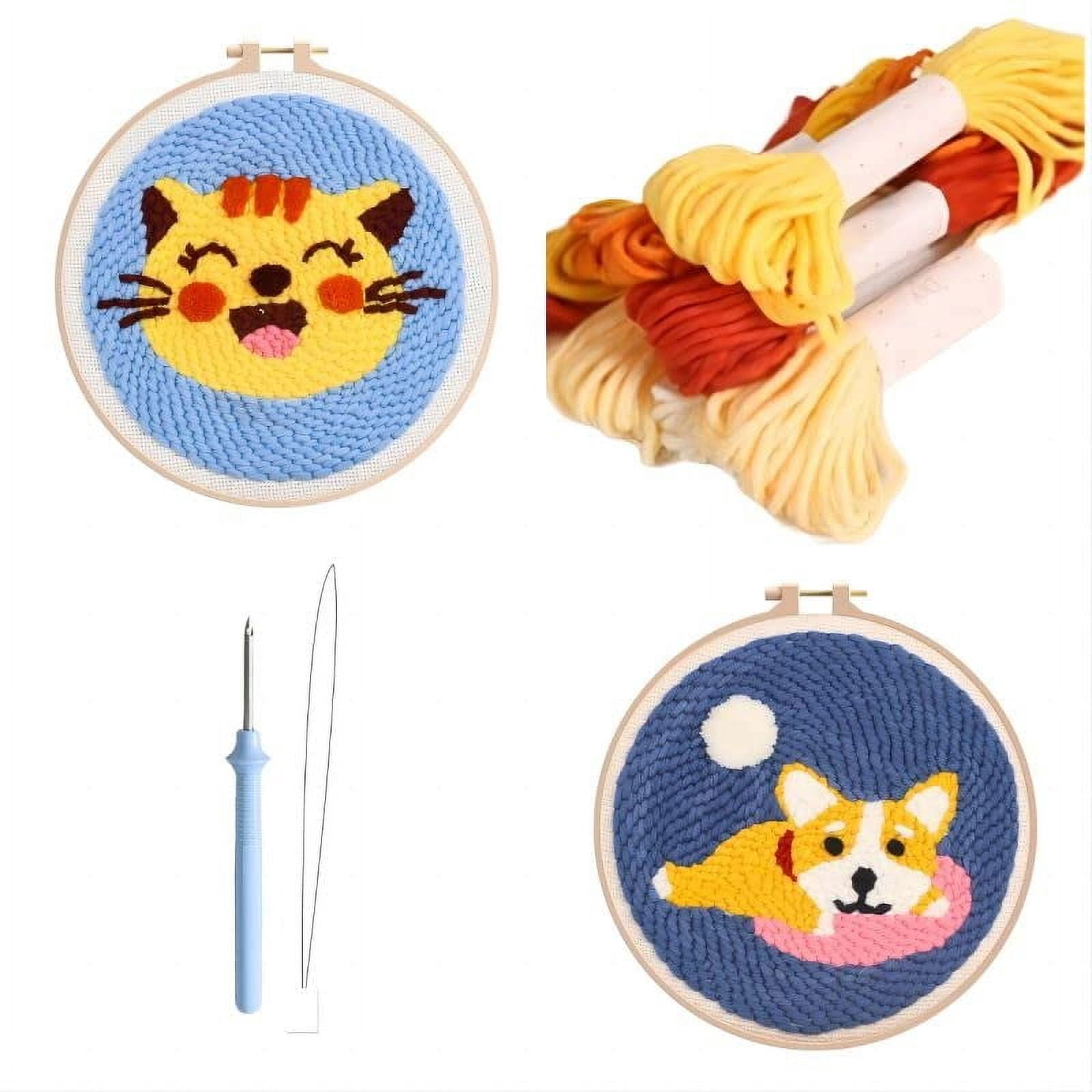 2 Pack Punch Needle Embroidery Starter Kits for Kids and Adults Beginners with Punch Needle Tool,Threader, Stamped Fabric Embroidery,Hoop,Pen, Cat & Corgi Punch Needle Kits