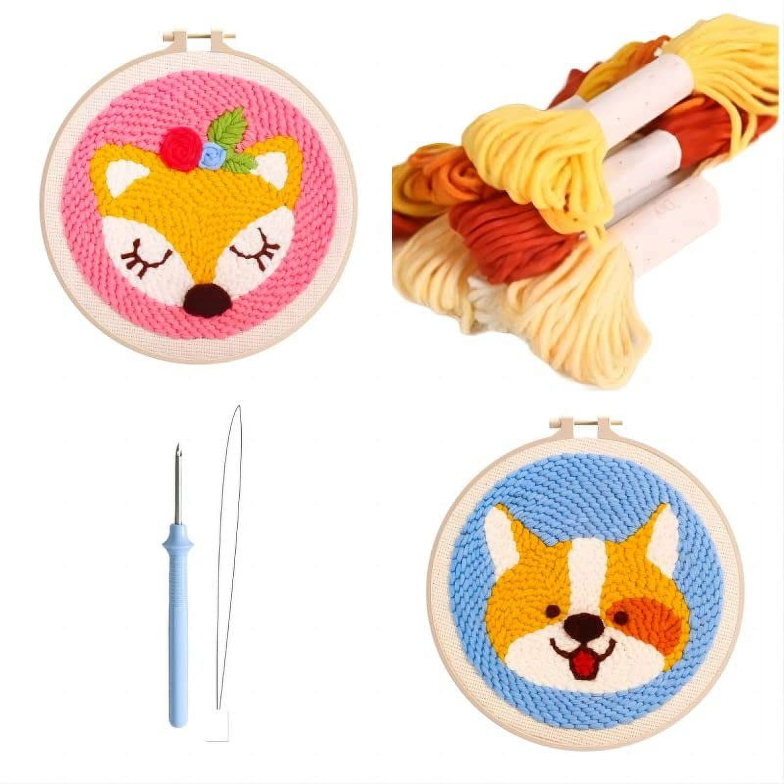 2 Pack Punch Needle Embroidery Starter Kits for Kids and Adults Beginners with Punch Needle Tool,Threader, Stamped Fabric Embroidery,Hoop,Pen, Deer & Shiba Inu Punch Needle Kits
