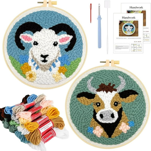 2 Pack Punch Needle Embroidery Starter Kits for Beginners, DIY Handcraft Punch Stitching with Embroidery Hoops, Cattle and Sheep Pattern