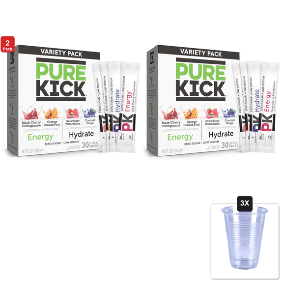 2 Pack | Pure Kick Energy | Hydrate Singles To Go, Black Cherry Pomegranate, Orange Passion Fruit, Strawberry Watermelon & Concord Grape, 30 Ct & 3x 16oz Plastic Cup with Strawless Sip-Lid