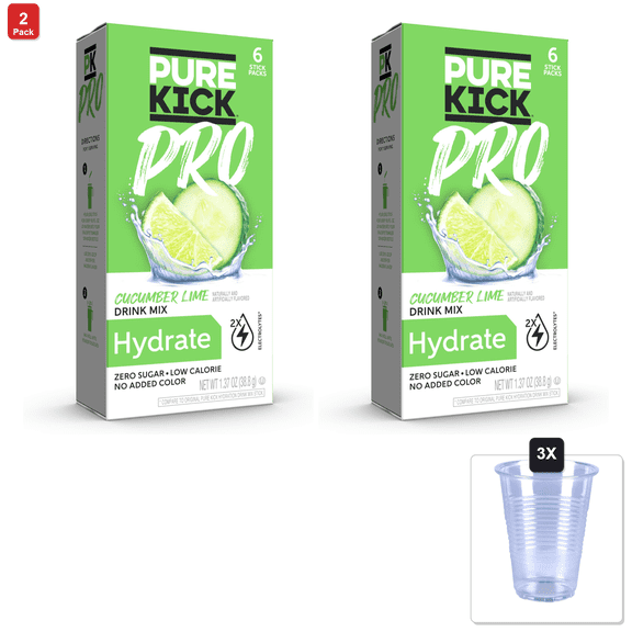 2 Pack | Pure Kick Pro Hydration Electrolyte Drink Mix, Cucumber Lime, Includes 1 Box With 6 Packets In Each Box & 3x 16oz Plastic Cup with Strawless Sip-Lid