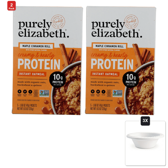 2 Pack | Purely Elizabeth Maple Cinnamon Roll Instant Protein Oatmeal, 8.3 oz & 3x 12oz Disposable Plastic Bowl