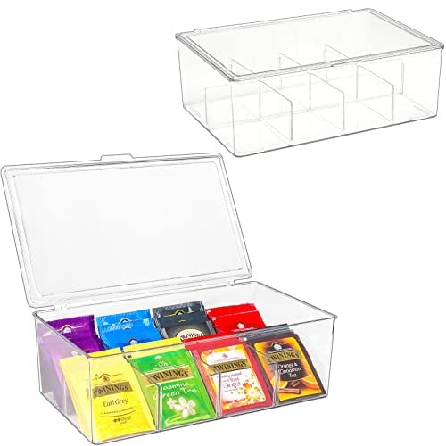 2 Pack Puricon Plastic Tea Bag Organizer Clear Tea Bag Holder With Lid, Stackable Tea Packets Divided Storage Bin Box Container for Kitchen Cabinet Pantry Countertop Table