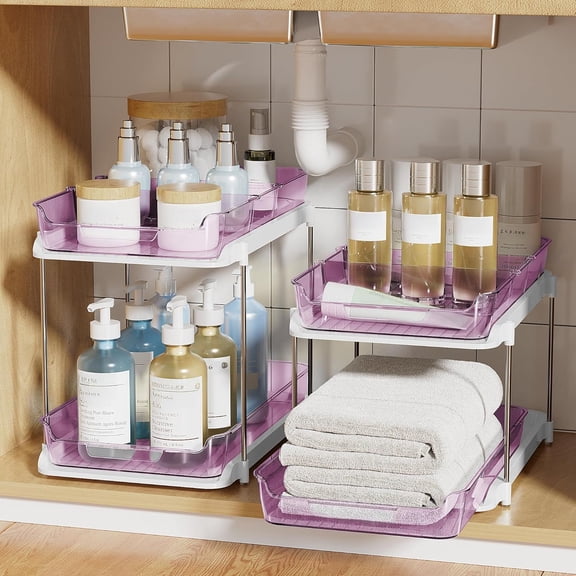 2 Pack Purple 2-Tier Under Sink Organizer Stackable Pull Out Storage with Movable Dividers for Bathroom Kitchen Pantry