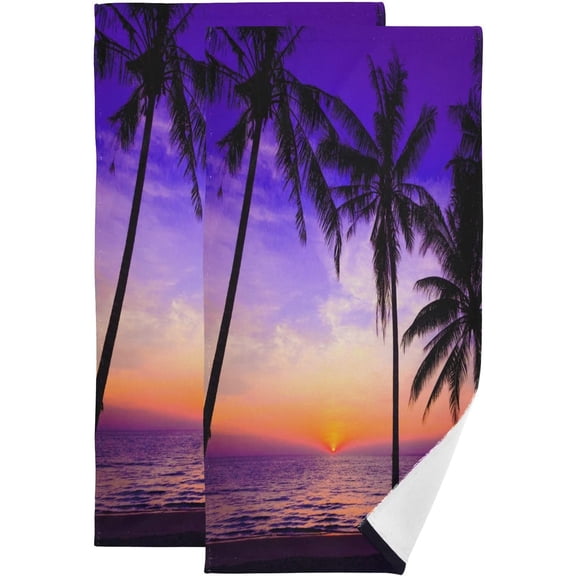 2 Pack Purple Blue Sunset Beach Theme Hand Towels for Bathroom,Soft Absorbent Tropical Palm Tree Leave Ocean Coastal Decorative Guest Bathroom Towels,Quick Dry Dish Kitchen Towels 14"x28"