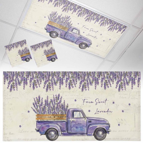 2 Pack Purple Floral Fluorescent Light Covers for Ceiling Lights Farm Sweet Lavender Truck Rustic Newspaper Texture Magnetic Ceiling Light Covers Overhead Light Filters for Office Classroom Home