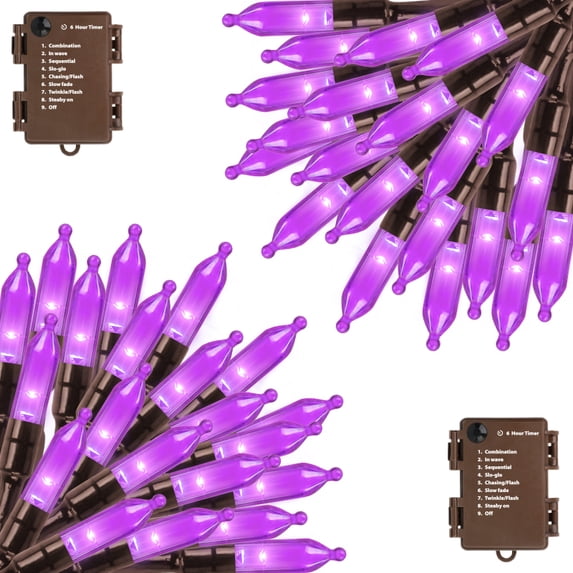 2 Pack Purple Halloween Lights Battery Operated,Total 18Ft 50 LED Mini ...