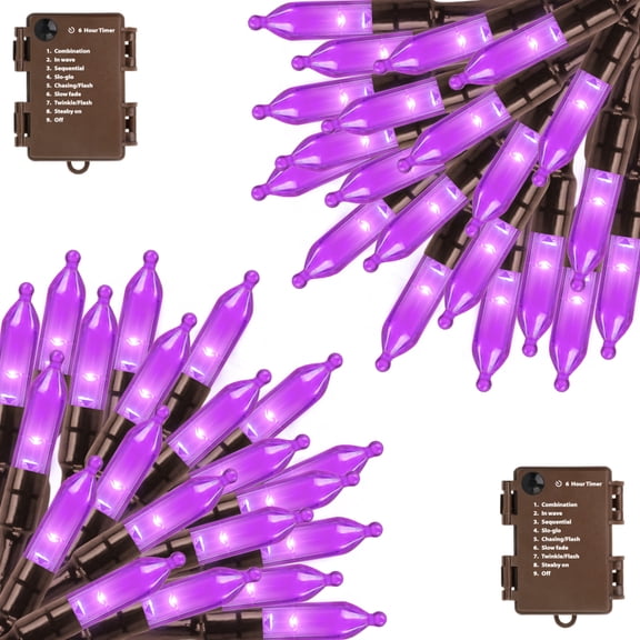 2 Pack Purple Halloween Lights Battery Operated,Total 18Ft 50 LED Mini String with Timer 8 Modes Twinkle Light Outdoor Waterproof for Tree Garland Decor