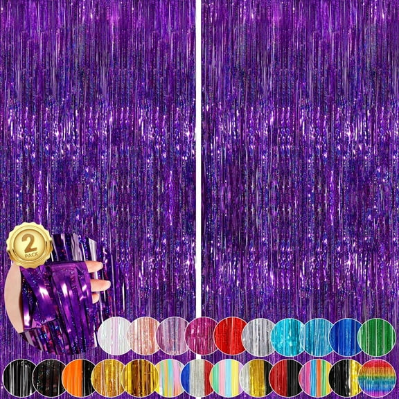 2 Pack Purple Metallic Tinsel Foil Fringe Curtains, Purple Streamers 3.3 x 8.3ft Party Streamers for Birthday Party Decorations, Foil Curtain Backdrop for Wedding Bachelorette Party, Decor