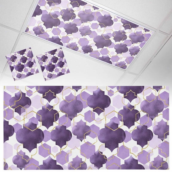 2 Pack Purple Moroccan Fluorescent Light Covers for Ceiling Lights Abstract Gradient Gold Purple Geometric Magnetic Ceiling Light Covers Overhead Light Filters for Office Classroom Home